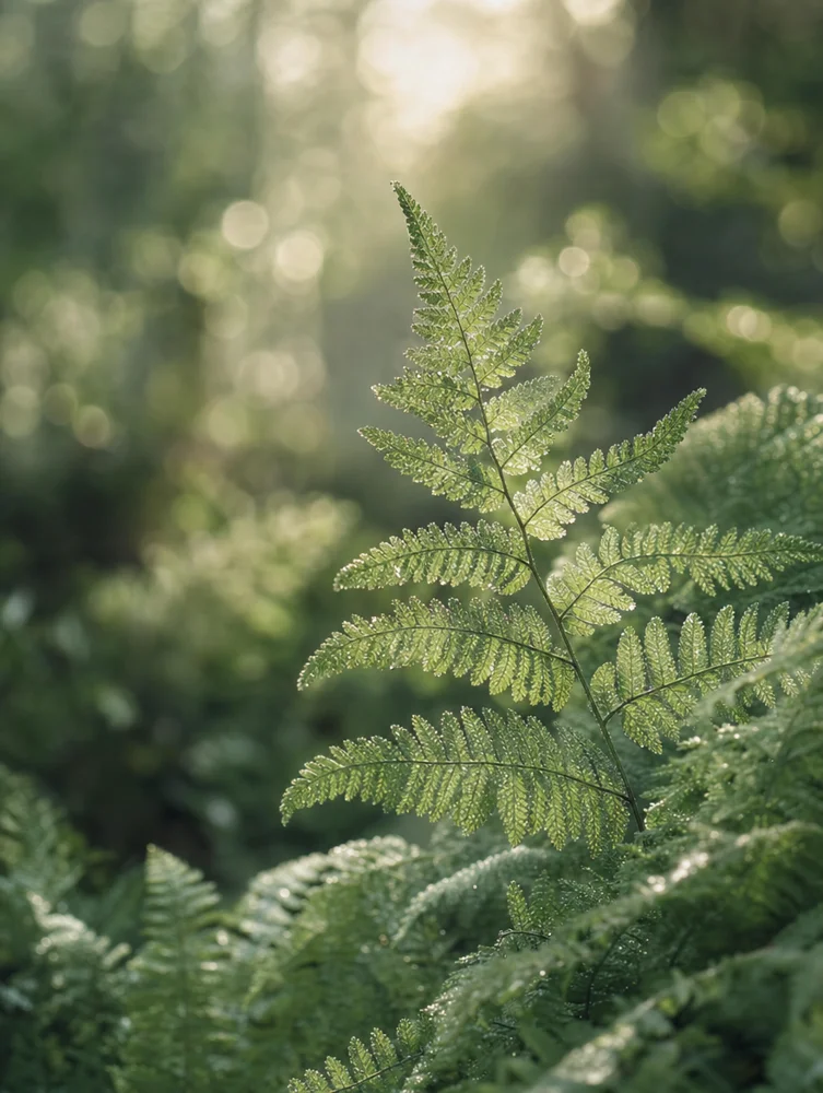 Delicate green fern leaves in soft morning light